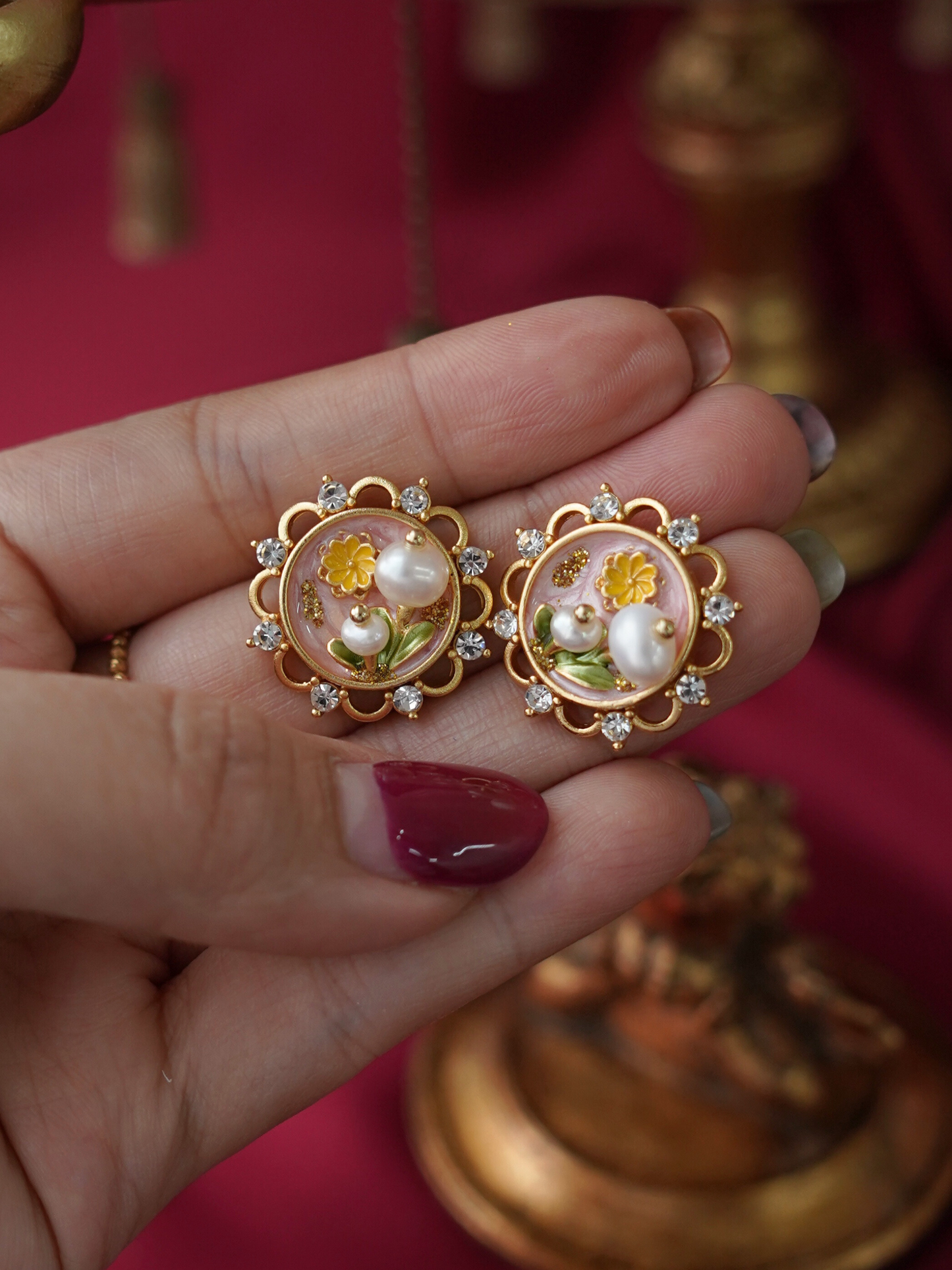 EA0034PK Earrings Dangle Freshwater Pearl Enamel 18K Gold Pleated