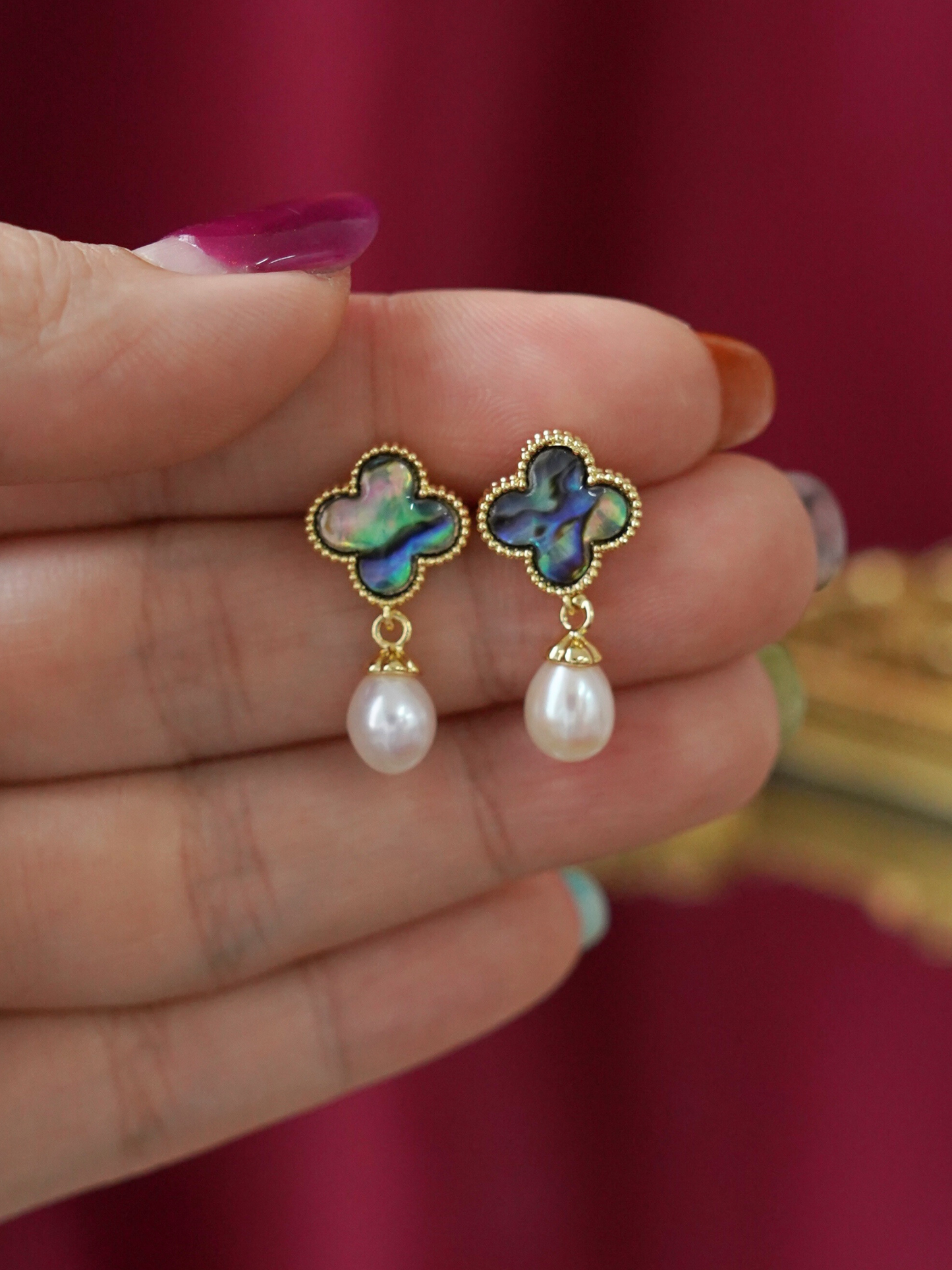 EA0010GR Earrings Dangle Abalone Shell Freshwater Pearl 18K Gold Pleated