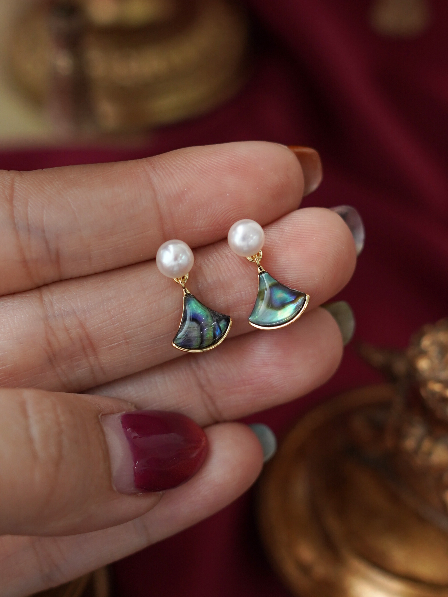 EA0016GR Earrings Abalone Shell Freshwater Pearl 18K Gold Pleated