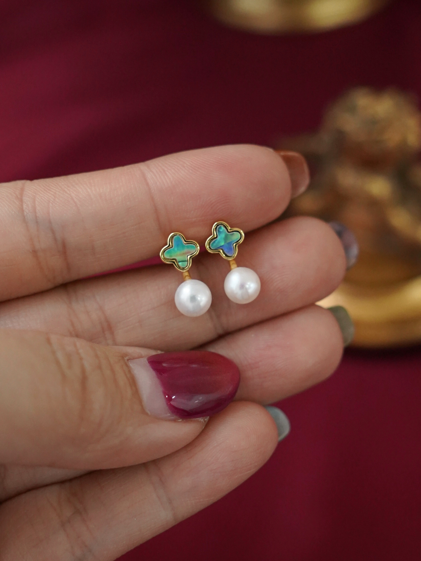 EA0024GR Earrings Abalone Shell Freshwater Pearl 18K Gold Pleated